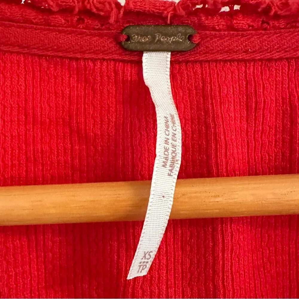 Free People Red Crochet Puff Sleeve Waffle Knit‎ Scoop Neck Top XS OB1105151